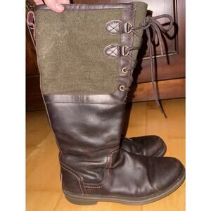 UGG Elsa Waxed Leather Wool Waterproof Riding Boots Lace Up Zipper Green Brown